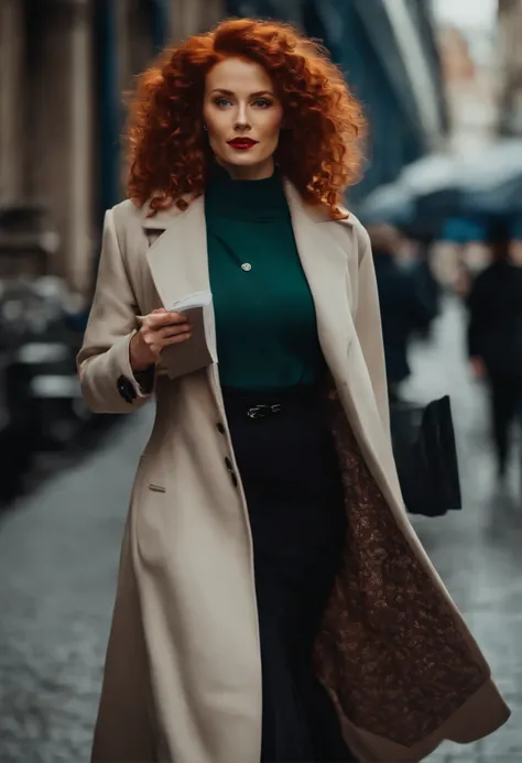 a beautiful women going to office wearing fancy skirt and long coat, holding newspaper in hand, red hair curly in bottom