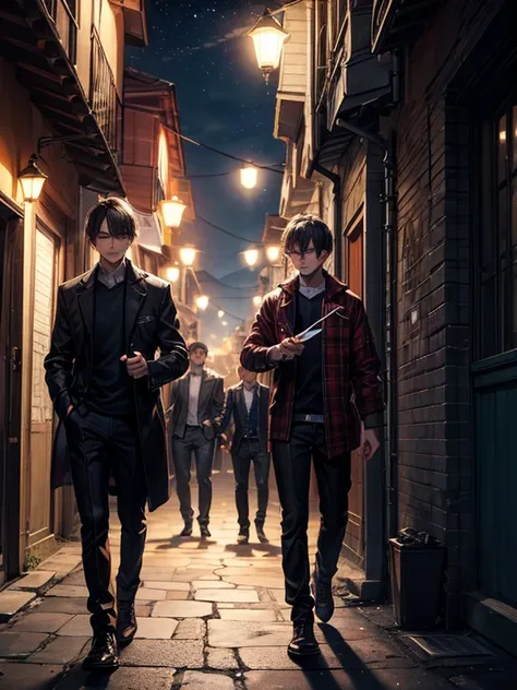 (masterpiece), best quality, high quality, dynamic light, boys, group of boys, sadistic eyes, smirking, holding knife in hand, night sky, dark alley, horror