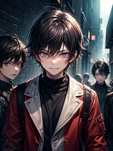 (masterpiece), best quality, high quality, dynamic light, boys, group of boys,  upper body, face focus, sadistic eyes, smirking, holding knife in hand, night sky, dark alley, horror