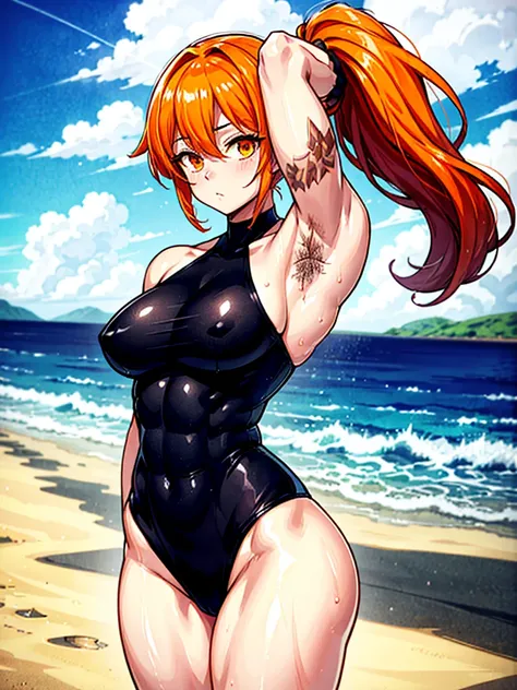 （（（masterpiece、Highest image quality、highest quality、highly detailed unity 8ｋwallpaper）））、（（Illustration of one girl））、（（（beautiful girl）））、（（orange hair、side ponytail、sidelocks：1.4、orange eyes））、（（（stocky build：1.5, thickset physique：1.6, muscular legs, b...