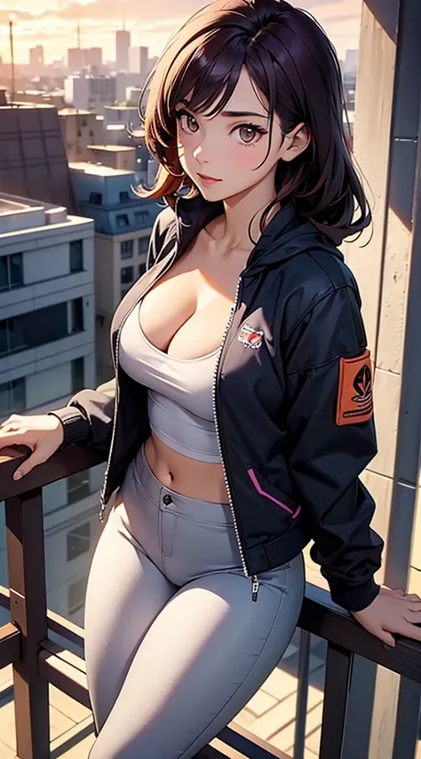 (masterpiece), high-definition, top view, girl, big boobs, cleavage, big hips, messy dark purple hair, orange eyes, grey tanktop, grey leggins, jacket, balcony, leaning on the railing, sunset