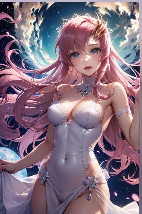 Masterpiece, Lacus Clyne, High resolution, anime poster, Lacus Clyne, (Anime girl, long pink hair, hair ornament, fair skin), white dress, see-through dress, light pink lingerie, Laugh happily and blush, she is floating in weightless space, See here, Photo...