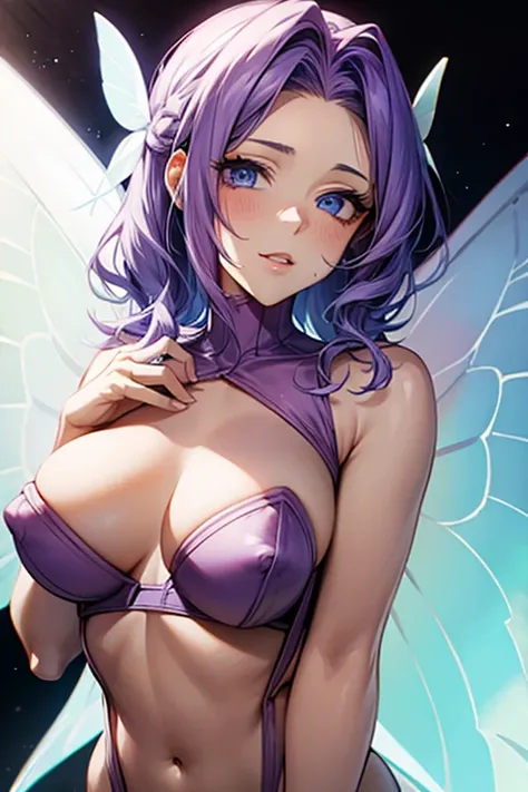 purple hair, blue eyes, white bikini, nipples, butterfly wings, sexy, large breast