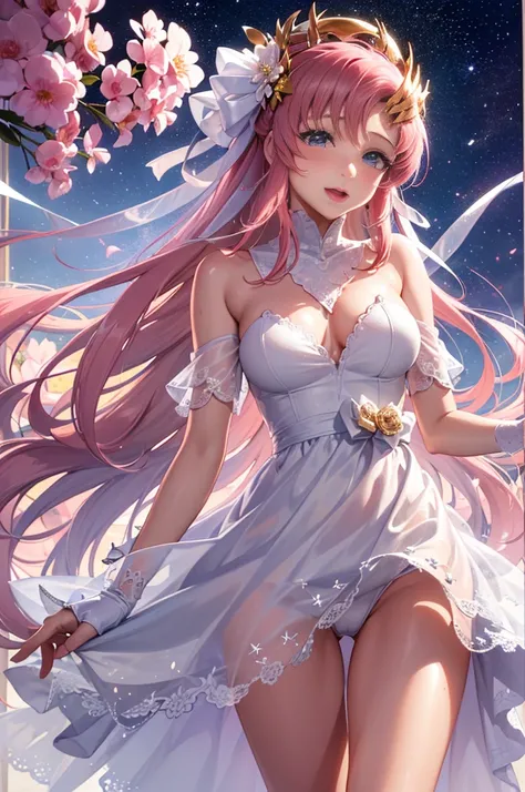 Masterpiece, Lacus Clyne, High resolution, anime poster, Lacus Clyne, (Anime girl, long pink hair, hair ornament, fair skin), white dress, see-through dress, light pink lingerie, Laugh happily and blush, she is floating in weightless space, See here, Armpi...