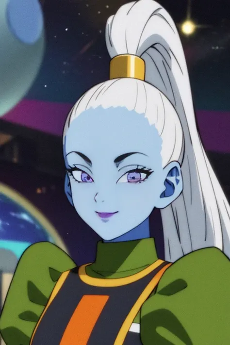 ((masterpiece,best quality)), absurdres,
vados_db, solo, ponytail, blue skin, looking at viewer, smile,
stars and space in backg...