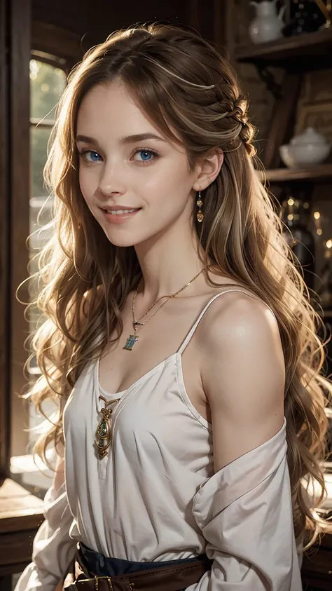 22 year old white female、Hair color is brunette、blue eyes、long hair、The ends of the hair are wavy、setting hair、accessories on wrist、wearing a necklace、has earrings、skin is smooth、Slender but muscular body、smile、Dressed as Hermione Granger、I have a wizard&#...