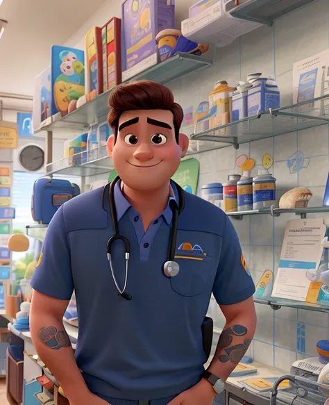 Um homem estilo disney pixar , alta qualidade, melhor qualidade , with a stethoscope, camiseta escrito Med Metropole