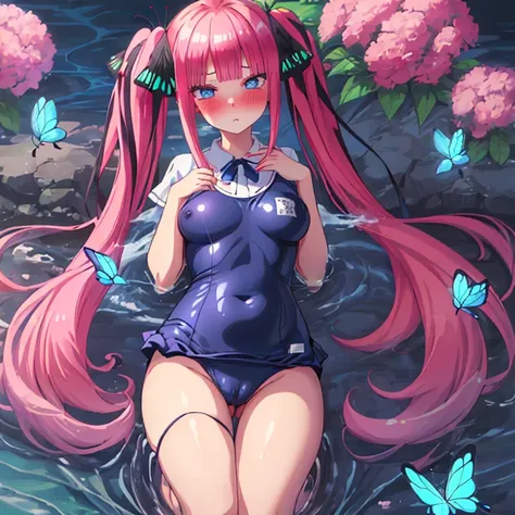 best quality, very aesthetic, Super detailed, best illustration, Dark blue one piece school swimsuit,bangs, pink_hair, blunt_bangs, hair_ornament, butterfly_hair_ornament, black_ribbon, blue_eyes, blush, hair_ribbon, twintails, long_hair, full body, nsfｗ, ...