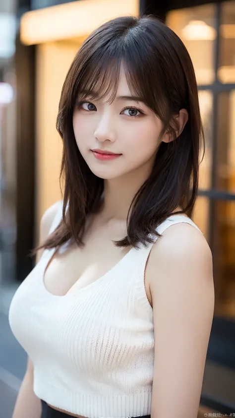 masutepiece, Best Quality, Photorealsitic, finely detail, hight resolution, 8K Wallpapers, Perfect dynamic composition, Beautiful detailed eyes, Medium Hair, large full breasts, Random and sexy poses,Bring your chest together、(Mock Neck Crop Tank Top White...