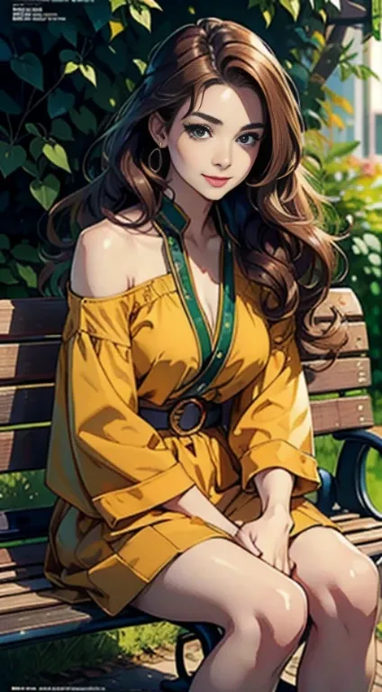 (masterpiece), best quality, beautiful detailed hair detailed face, ((1 woman, solo)), full-body portrait, magazine cover, perfect feminine face, very stunning woman, smiles, outdoor, sit on the bench, colorful outfit, chesnut brown hair, flowing long hair...