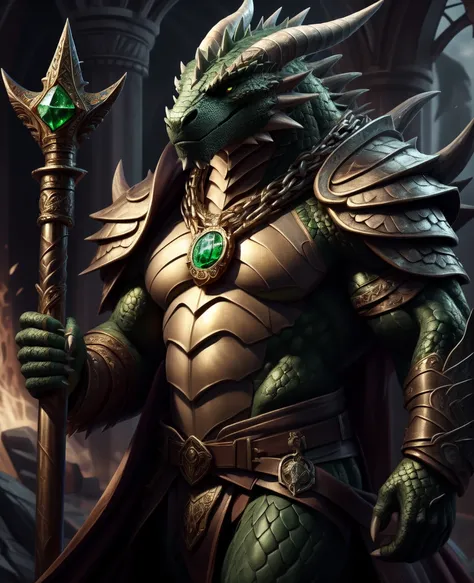 A dragon lizard man, female, illustration, (best quality, 4k, highres, masterpiece:1.2), ultra-detailed, realistic, horror, sharp focus, vivid colors, abs, light armor, black green body with scales, gold eyes, in motion, belts with pouches and bag, scars, ...