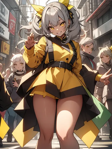 (best quality:1.2), (masterpiece:1.2), (Vibrant poses:1.4), gray hair, long ponytail with yellow ribbon, yellow eyes, white shirt, crooked smile