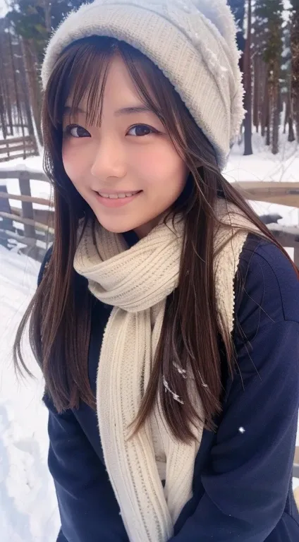 Asian brunette girl, in the snowy mountains, slight smile, sex