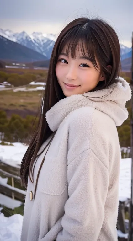 Asian brunette girl, in the snowy mountains, slight smile, sex