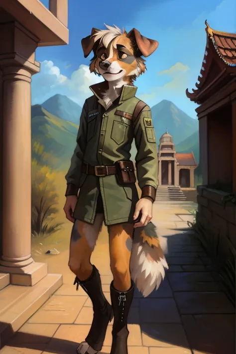 solo, ((Australian shepard)), male, slender, ((twink)), detailed, uploaded to e621, beautiful and detailed portrait of an anthropomorphic boy, short hair, kenket, uploaded to e621, digitigrade legs, fluffy detailed fur, fluffy tail, (detailed black eye lin...