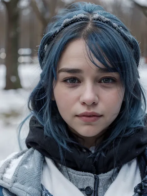 21 year old woman blue hair Emilia Clarke face in winter