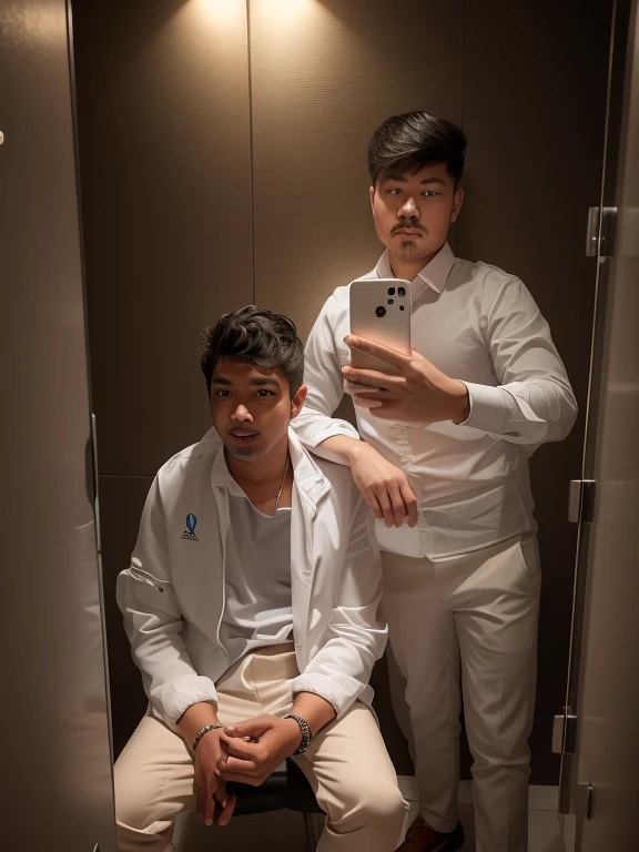 there are two men standing in a bathroom taking a picture, taken with sony alpha 9, two buddies sitting in a room, jayison devadas style, siting on a toilet, 8k selfie photograph, taken with the best dlsr camera, high quality upload, very very low quality ...