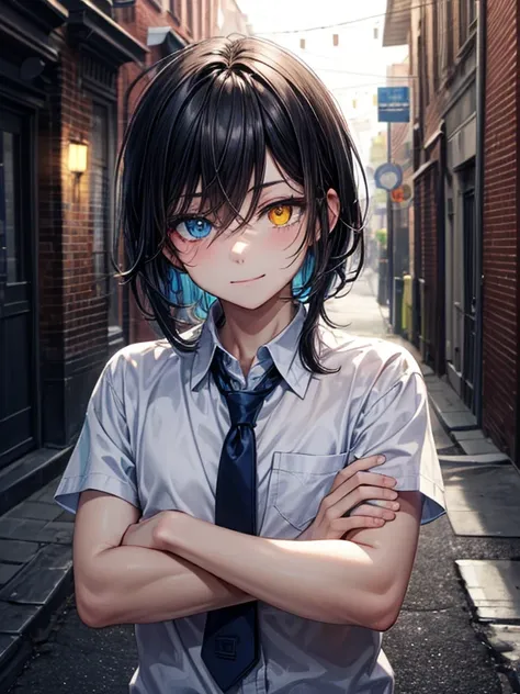 (masterpiece), best quality, high quality, dynamic light, 1boy, upper body, solo, crossed arms, school uniform, (blue tie), (heterochromia), (blue left eye, yellow right eye:1.1), smug face, smirk, (glowing yellow eye), (hairstyle: straight), black hair, m...