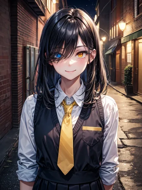 (masterpiece), best quality, high quality, dynamic light, 1boy, upper body, solo,  school uniform, (blue tie), (heterochromia), (blue left eye, yellow right eye:1.1), smug face, smirk, (glowing yellow eye), (hairstyle: straight), black hair, middle hair, (...