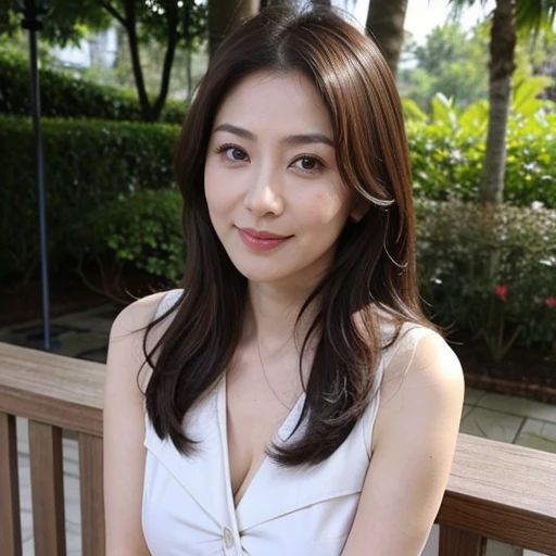 dark brown hair, light brown eyes, Japanese actress face, woman, Japanese５０actress of the age,beautiful aunt, (highest quality: 1.4), (ultra high resolution: 1.2), ultra high resolution, (fine eyes), (detailed facial features), HDR, 8K resolution, Terrace ...