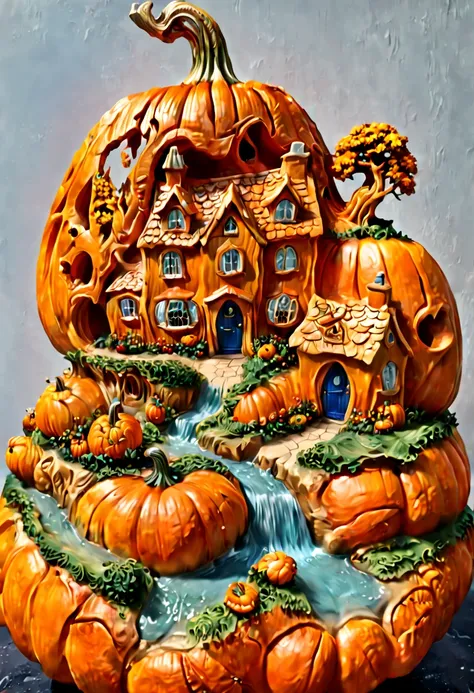 a beautiful cottage, scotland coastal village, (3d pumpkin carving), carved out of pumpkin, smooth surface, clean lines, octane ...