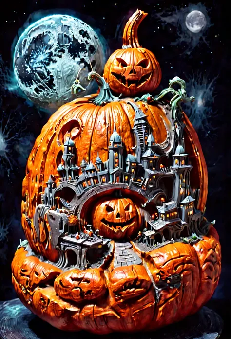 retro futuristic city on the moon, dark and gritty scifi, (3d pumpkin carving), carved out of pumpkin, smooth surface, clean lin...