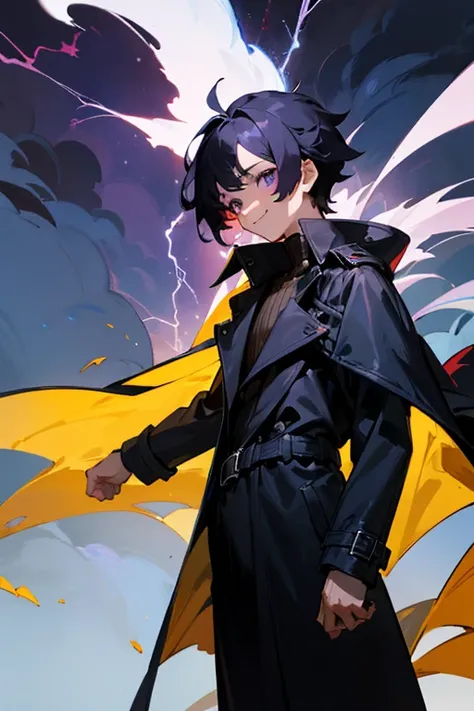 
Two-dimensional painting style，Twelve-year-old boy，black hair，skin，Purple bangs，small blue-purple eyes，Wearing a black trench coat，coy smile，The background  night and thunder and lightning