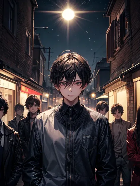 (masterpiece), best quality, high quality, dynamic light, boys, group of boys, upper body, face focus, surprize eyes, shocked, smirking, night sky, dark alley, horror