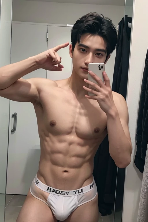 Top quality, 8k, solo, masterpiece, a handsome man, black hair, blown eyes, shy, 23 years-old, hairstyle showing forehead, luxury bathroom, abs, white briefs underwear, taking off his clothes, through the mirror, self Taking pictures, iPhone, smiling