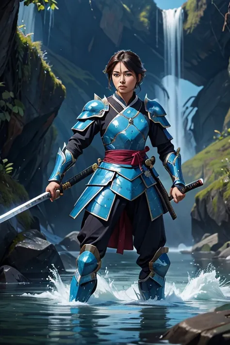 water power wrapped around the body like water armor and katana sword