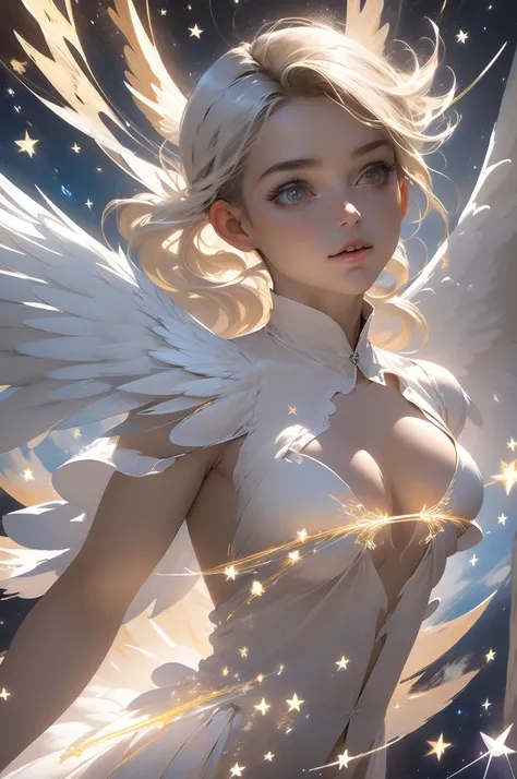 obra maestra, (Mejor calidad:1.2), [:detalles intrincados:0.2], 1 chica, pechos grandes, angel, angel wings, volantes blancos, (cielo diurno), Aura brillante, intense concentration, crackling energy, mysterious symbols, motas brillantes,