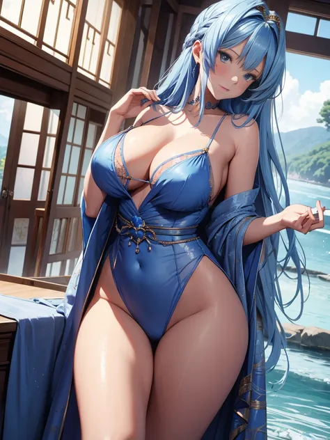 （Enrich the picture，Masterpiece quality）Beautiful 8K CG artwork，Goddess-like pose，sittinng on the river，Postural exercises，Thin and soft，translucent skin，blue hair、The beauty of super long hair, Super Long Straight Hair，The skin  fair and juicy，underwear，P...