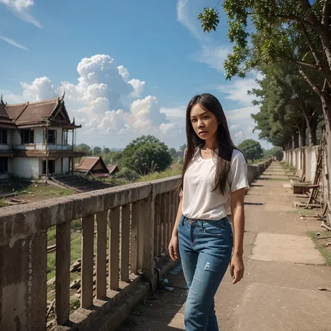 Thai Woman, look at viewer, long hair, shirt, jeans, cloud, day, sky,outdoors, post-apocalypse, ruins, scenery, tree, water,