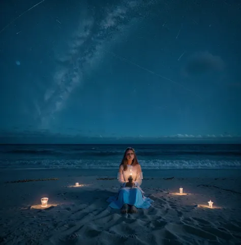 una mujer sentada en la playa con velas en la arena, sitting in the cosmic sky, en el plano astral ) ) ), sentado en la playa por la noche, Tranquilidad de las estrellas infinitas, Magical Feeling Vibrations, floating across the cosmic ocean, flotando en e...