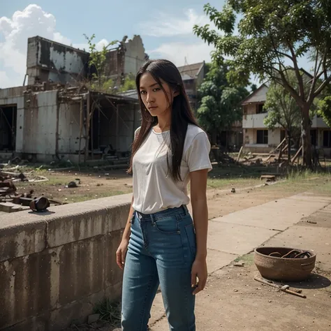 Thai Woman, look at viewer, long hair, shirt, jeans, cloud, day, sky,outdoors, post-apocalypse, ruins, scenery, tree, water,