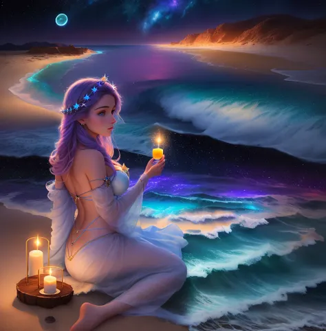 una mujer sentada en la playa con velas en la arena, sitting in the cosmic sky, en el plano astral ) ) ), sentado en la playa por la noche, Tranquilidad de las estrellas infinitas, Magical Feeling Vibrations, floating across the cosmic ocean, flotando en e...