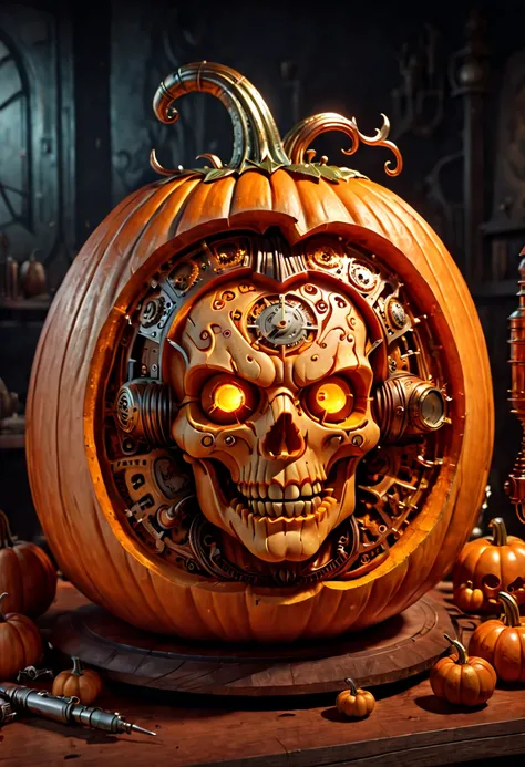 steampunk art, Pumpkin Carving design style, dynamic illustration Carved on Pumpkin, octane render, (best quality, masterpiece, Representative work, official art, Professional, 8k:1.3)