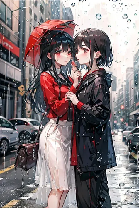  a red haried woman with red eyes is kissing a black haired woman with brown eyes underneath an umbrella on a rainy day. 