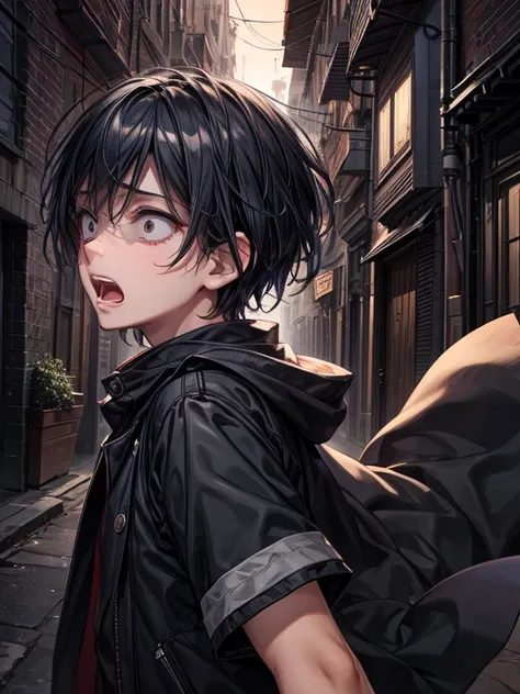 (masterpiece), best quality, high quality, dynamic light, 1boy, scared expression, open mouth, clenched teeth, upper body, face focus, night sky, dark alley, horror, from side