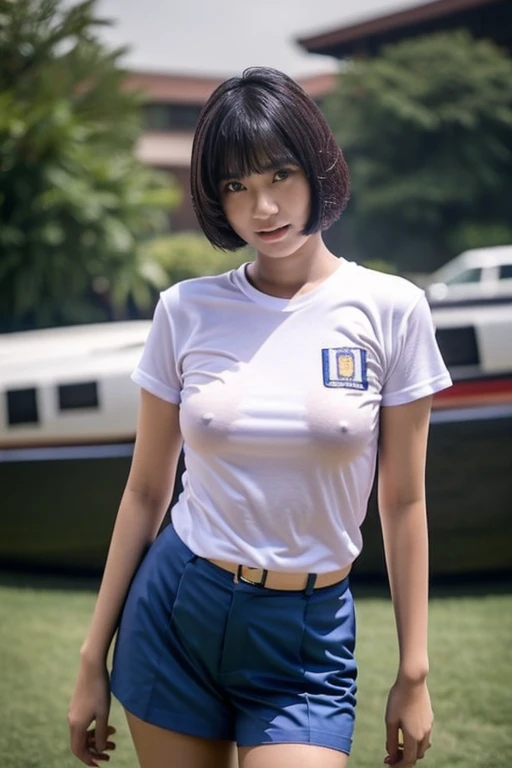 Indonesian girl, schoolgirl, bobcut, 18 years old, fit body, sweaty, tanned skin, uniform, see through, wet tshirt, small tits