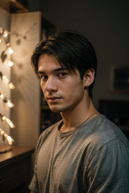 RAW photo, a portrait photo of 25 y.o man in casual clothes, night, home, (high detailed skin:1.2), 8k uhd, dslr, soft lighting, high quality, film grain, Fujifilm XT3