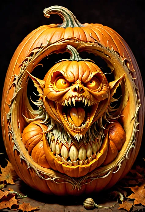 Pumpkin Carving design style, dynamic illustration by Brian Froud Carved on Pumpkin, octane render, (best quality, masterpiece, Representative work, official art, Professional, 8k:1.3)