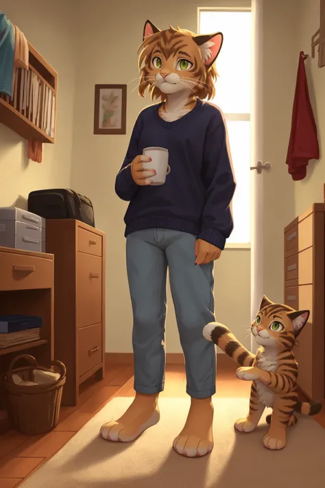 Tabby cat standing in casual clothes in the morning 