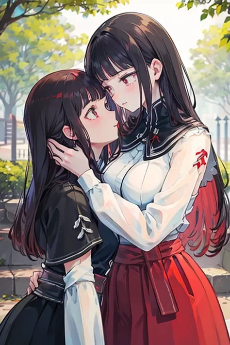 A red haired woman with red eyes is kissing a black haired woman in a park