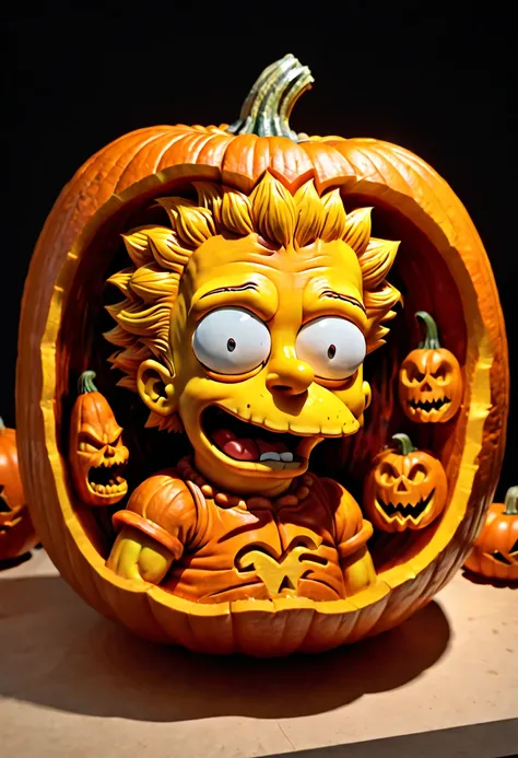 Pumpkin Carving design style, Museum Exhibition Work, Bart Simpson Carved on Pumpkin, octane render, (best quality, masterpiece, Representative work, official art, Professional, 8k:1.3)