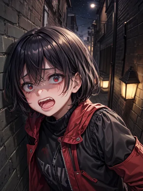 (masterpiece), best quality, high quality, dynamic light, 1boy, scared expression, open mouth, clenched teeth, upper body, face focus, bloodstains everywhere, bloodstains on the walls, night sky, dark alley, horror, from side