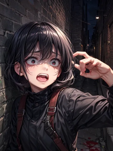 (masterpiece), best quality, high quality, dynamic light, 1boy, scared expression, open mouth, clenched teeth, upper body, face focus, bloodstains everywhere, bloodstains on the walls, night sky, dark alley, horror, from side