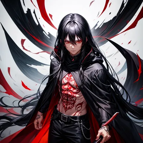 cloak、black hair、long hair、((male))、machete、neutral face、pants、red eyes、cool、tattoo