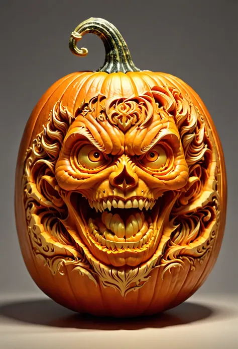 Pumpkin Carving design style, Museum Exhibition Work, dynamic illustration by Yoshiyuki Sadamoto Carved on Pumpkin, octane render, (best quality, masterpiece, Representative work, official art, Professional, 8k:1.3)