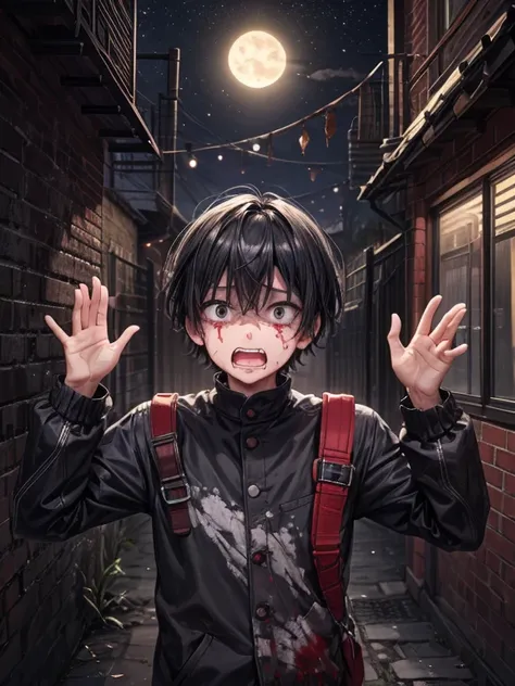 (masterpiece), best quality, high quality, dynamic light, 1boy, scared expression, open mouth, clenched teeth, upper body, face focus, bloodstains everywhere, bloodstains on the walls, night sky, dark alley, horror, from side